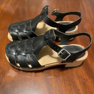 Swedish Hasbeens Wooden Sole Black Sandals Size 38